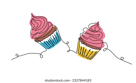 Cupcakes, muffins simple vector iliustration in Ukrainian colors yellow and blue. One line art drawing cupcake print.