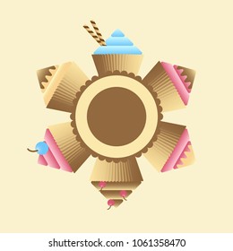 Cupcakes and muffins. Sweet dessert and round label for text. Vector illustration EPS10