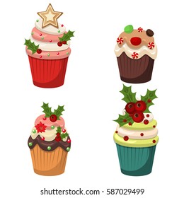 Cupcakes and muffins vector. Sweet muffin cake food dessert celebration party winter baking. Xmas decorated festive frosting cakes holidays sugar food. Cream delicious chocolate snack.