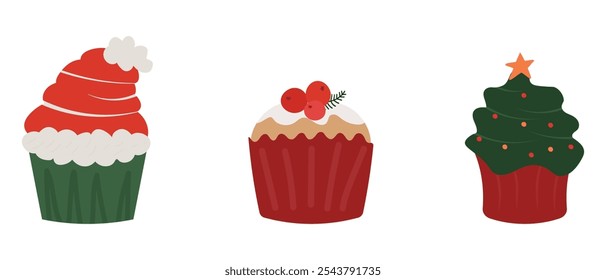 Cupcakes in New Year's style: Santa's hat, Christmas tree