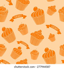 Cupcakes on Beige Background, seamless pattern. It can be used for decorating of textiles, bags, covers of books and clothes.