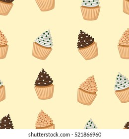 Cupcakes on a beige background. Seamless background. Vector illustration.