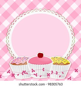 cupcakes on a decorative border with gingham background