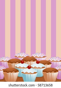 Cupcakes on display against a striped background