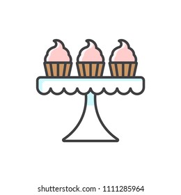 Cupcakes on plate colored line icon.