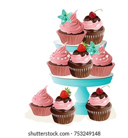 Cupcakes on stand. Birthday design.