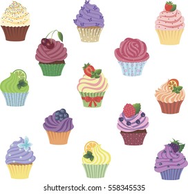Cupcakes on white background. Brown, rose, blue and vanilla cupcakes. Seamless pattern. Vector illustration.