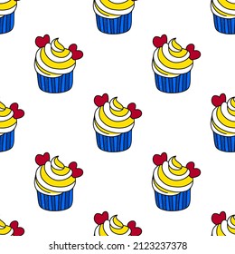 Cupcakes on a white background. Seamless pattern. Hand drawn vector. Seamless background. Vector bakery. Bakery decoration pattern.