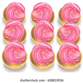 Cupcakes on a white table. Summer delicious desserts pink color