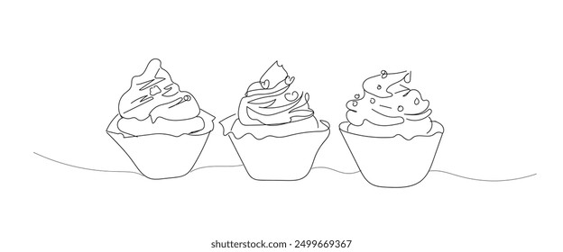 Cupcakes eine Linie Zeichnung Vektorgrafik. Handgezeichnetes Stück Kuchen minimalistisches Design, Café, Bäckerei, Süßwarenkonzept. Kochabdruck, Karte, Logo, Schild, Menü, Symbol.