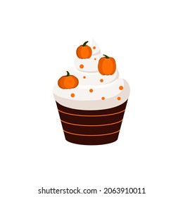 Cupcakes with orange pumpkin and sugar cream dessert. Thanksgiving or harvest festival sweets food isolated on white background. Flat design cartoon vector illustration