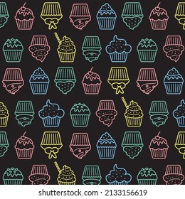 Cupcakes outlined colorful pattern on black background