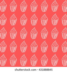 Cupcakes outlined colorful pattern on red background
