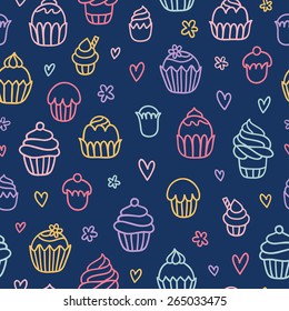 Cupcakes outlined colorful seamless pattern on blue background
