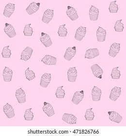 Cupcakes outlined colorful seamless pattern on pink background. Cupcake vector pattern. Happy birthday cupcake background. Hand Drawn. Vector illustration.
