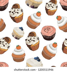 Cupcakes pattern in cartoon style. For print, menu, cafe, restaurant decoration. Vector illustration