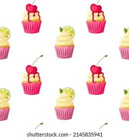 Cupcakes pattern with cherrie and lemon on white background. Vector cute cartoon illustration. Bakery shop, dessert, sweet products, cooking.