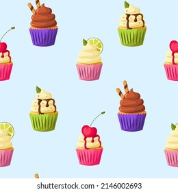 Patrón de pastelitos con cherrie, limón, crema de pistacho, menta, chocolate, vainilla sobre fondo azul claro. Ilustración de dibujos animados atractivos. Panadería, postre, productos dulces, cocina.