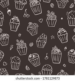 cupcakes pattern doodles on a black background, hand drawn, vector illustration