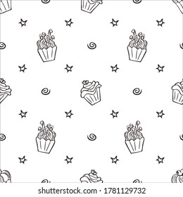 cupcakes pattern doodles on a white background, hand drawn, vector illustration
