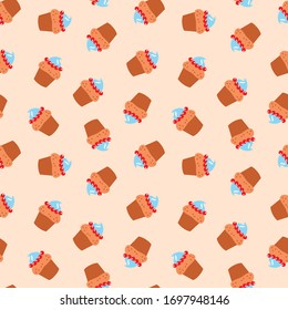 
Patrón de pasteles. Ilustración de pastelitos con crema dibujada en un estilo plano sobre un fondo marrón claro. Vector 8 EPS.