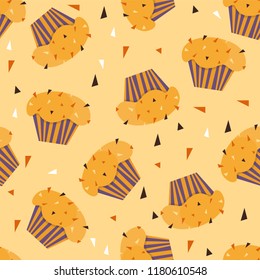 Cupcakes pattern illustration. Seamless print with pastry set. Vector bakery background