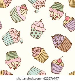 Cupcakes pattern illustration. Seamless print with pastry set. Vector bakery background