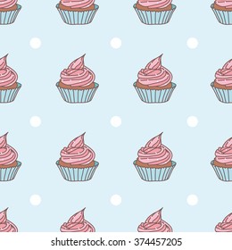 Cupcakes pattern on blue background