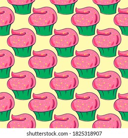 Cupcakes pattern, seamless pattern on yellow background.