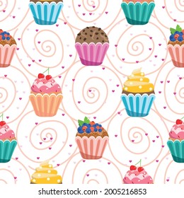 cupcakes pattern. Vector illustration.Seamless of cupcake with cherry on pink background.