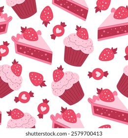 Cupcakes, pies and candies seamless pattern. Valentine's day background with sweet pastries, desserts and candies. Love romantic food pattern. White background