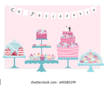 Cupcakes, pies and pastry sweets. Fruit muffins and wedding or birthday cakes. Vector illustration