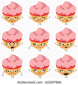 Cupcakes with pink cream and different facial expressions