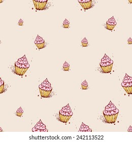 Cupcakes with pink cream Hand drawn sketch on pink background.seamless pattern vector