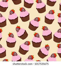 Cupcakes with pink cream and strawberries in chocolate. St. Valentine's day seamless pattern
