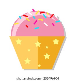 Cupcakes with pink icing and colorful topping with shadow. Icon, flat design, vector, isolated.