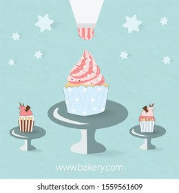 cupcakes put on standing with blue pastel paper background.the middle of them are decorated by piping pink and white cream.there are stars sweet food dessert.the design is for bakery shop decoration.