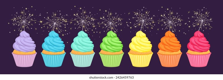 Cupcakes in Regenbogenfarben mit Wunderkerzen auf dunklem Hintergrund. Vektor-Cartoon-Illustration des Feiertags Backen.