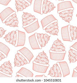 Cupcakes random on white background. Cute hand drawn seamless pattern of dessert in red outline style.