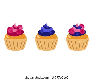 Cupcakes with raspberries and blueberries and cream frosting isolated on white. Pink and blue cakes for the holidays. Vector illustration.