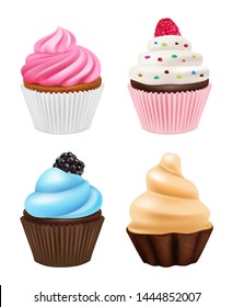 Cupcakes realistic. Sweets desserts muffins cake with chocolate and cream vector pictures of cupcakes. Cake and dessert, cupcake with fruit, confectionery vanilla illustration