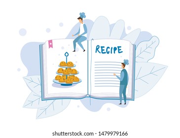 Cupcakes Recipe in Cook Book Metaphor Illustration. Huge Flat Pages with Empty Copy Space for Making Notes and Writing Ingredients. Tiny Chef Characters. Vector Illustration with Cartoon Plants Leaves