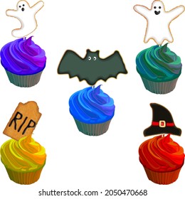 Cupcakes with red, yellow, green, purple cream. Cupcakes with biscuits in the form of bat, gravestone, witch hats. Set for banner, card, flyer. Halloween. October. Vector illustration