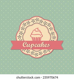 Cupcakes retro style label on retro polka dots background vector 