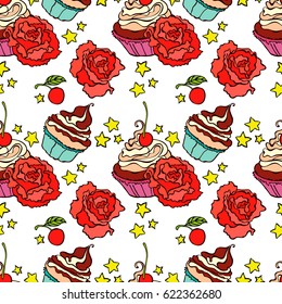 Cupcakes. Roses. Sprockets. Seamless vector pattern (background).