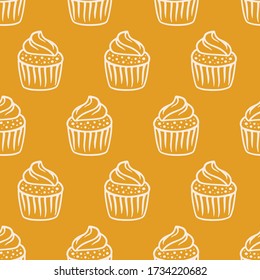 Los pasteles son un patrón sin fisuras con productos horneados. Fondo de doodles dibujados a mano para envolver papel, papel de paquete, cafetería y tapicería