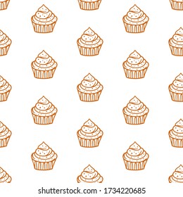 Cupcakes seamless pattern with baked goods. Bakery hand drawn doodles background for wrapping paper, package print, cafeteria and shop wallpapers