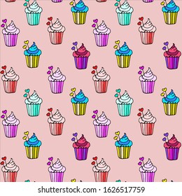 Cupcakes. Seamless pattern with cupcake simple small elements on pink background . Isolated stock vector cookies. For wrapping paper, scrap booking, printed matter,  invitation, greeting cards.