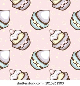 Cupcakes seamless pattern. Cute desserts on pink background. Design for menu, fabric, wrapping paper and packaging.