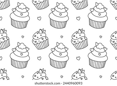 Cupcakes nahtloses Muster. Desserts und Süßigkeiten im Doodle-Stil. Handgezeichnete Vektorgrafik auf weißem Hintergrund isoliert